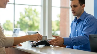Close-up of a person handing a credit card to an agent at a car hire desk in Pennsylvania