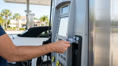 Driver inserting a credit card into a pay-at-pump fuel station next to a car rental in Florida