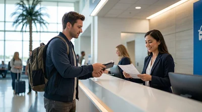 Customer handing documents to an agent at an Orlando Airport car hire desk