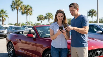 Smartphone showing a navigation app on the dashboard of a car rental driving on a sunny highway in Florida