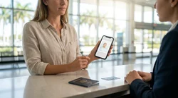 Traveler showing a digital passport on a smartphone at a Miami car rental desk