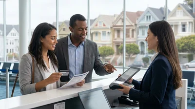 A person handing a credit card to an agent at a car hire desk in San Francisco