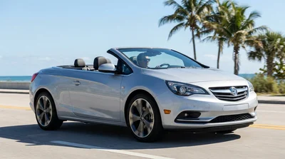 A modern car rental parked on a sunny beach road lined with tall palm trees in Florida