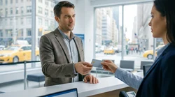 Close up of a person holding a physical credit card at a car hire counter in New York