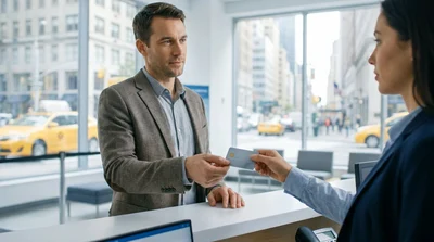 Close up of a person holding a physical credit card at a car hire counter in New York