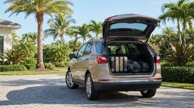 Open trunk of a car hire in Florida packed with two suitcases and a bag of golf clubs