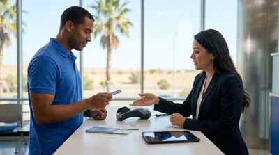 Person inserting a credit card into a payment terminal at a Texas car hire desk