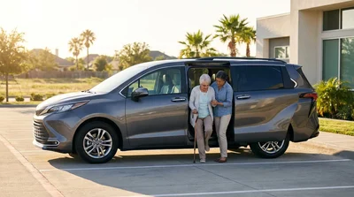 An older adult with a cane easily stepping into a spacious car rental parked on a Texas street