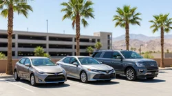 Row of different sized car rental vehicles parked on a sunny Las Vegas street