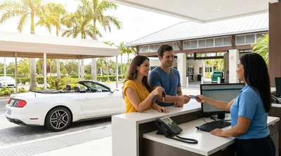 Customer handing a credit card to a staff member at a Florida car hire desk