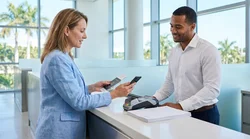 Customer showing documents to an agent at a Miami car rental desk