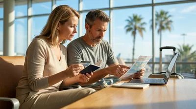 Couple driving a car rental along a sunny coastal road in Florida lined with palm trees
