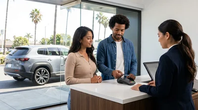 Customer handing a credit card to an agent at a Los Angeles car hire desk