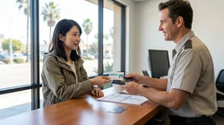 Person handing a driving license to an agent at a car hire counter in California