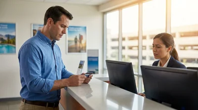 Close up of a person holding a credit card at a car rental counter in Texas