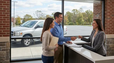 Customer handing a credit card to an agent at a car hire counter in Pennsylvania