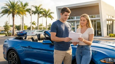Young adult driving a car rental along a sunny palm-lined highway in Florida