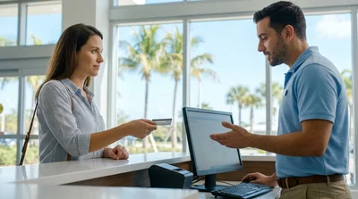 Close up of a person handing a credit card to an agent at a car hire desk in Florida
