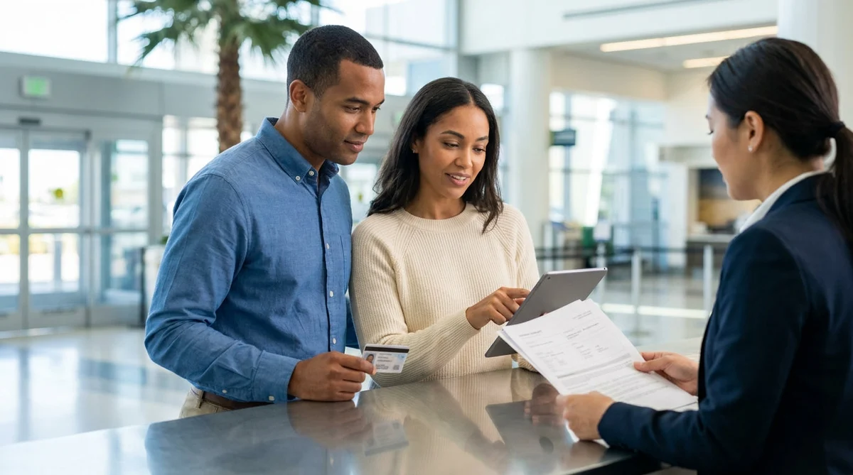 Person receiving keys from an agent at a car rental counter in California