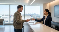 Traveler presenting a passport at a car rental desk at JFK Airport in New York