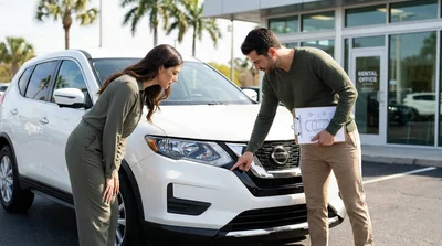 Man holding a clipboard while inspecting the bumper of a car rental in a sunny Florida parking lot