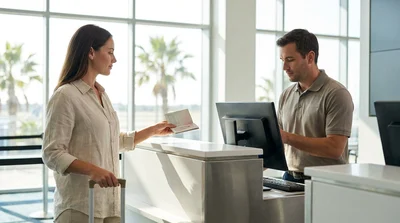 Close up of a person holding a passport and keys at a car rental desk in Miami