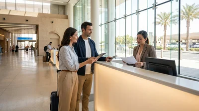 Customer presenting travel documents to an agent at a Las Vegas car rental counter