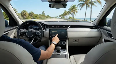 Close up of a car rental dashboard and digital display with sunny Florida palm trees in the background