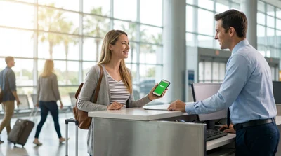 Customer receiving keys from an agent at a car hire counter inside Orlando Airport