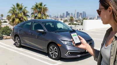 Driver checking a smartphone inside a parked car rental on a Los Angeles street