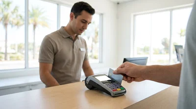A customer handing a credit card to an agent at a car hire counter in Miami