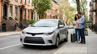 White car rental driving down a busy street in New York surrounded by yellow taxis