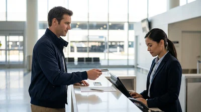 Customer presenting a credit card at a car rental counter in Pennsylvania