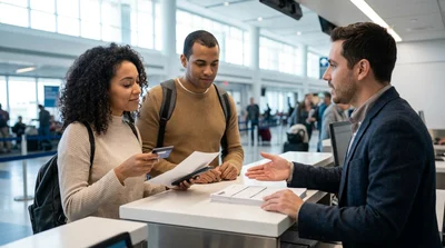 Customer reviewing paperwork at a car hire desk in New York