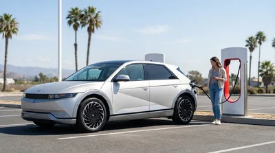 White electric car rental charging at a sunny Tesla Supercharger in California
