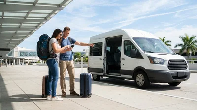 Traveler with luggage waiting outside a Los Angeles airport terminal for a car hire shuttle