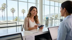 Close-up of hands passing a driver's license to an agent at a California car rental desk