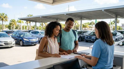 Two people receiving keys from an agent at a car hire counter in Florida