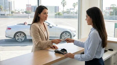 A person handing a credit card to an agent at a car hire counter in San Francisco