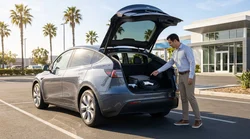 Person plugging a charging cable into a white electric vehicle at a California car rental lot