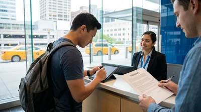 Close-up of hands signing a digital tablet at a New York car rental counter