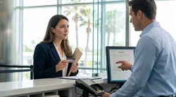 Customer receiving keys at a car rental counter inside a sunny California airport terminal