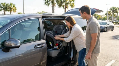 A parent installing a child seat in the back of a white SUV at a car hire lot in Orlando