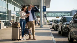 White Hola car hire shuttle bus picking up passengers outside JFK Terminal 1 in New York