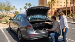 Spare wheel and inflator kit inside the open trunk of a car rental parked in Las Vegas