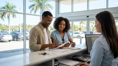 Customer handing a credit card to an agent at a car hire counter in Miami