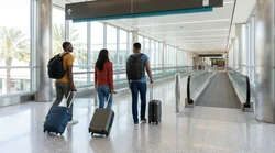 Passengers with luggage walking from a Metrorail train toward the car rental center in Miami