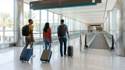 Passengers with luggage walking from a Metrorail train toward the car rental center in Miami