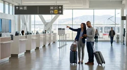 Travelers with luggage standing at a car rental desk inside the SFO airport in San Francisco