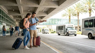 People with luggage waiting at the passenger pick-up point for a car hire shuttle bus at Orlando Airport